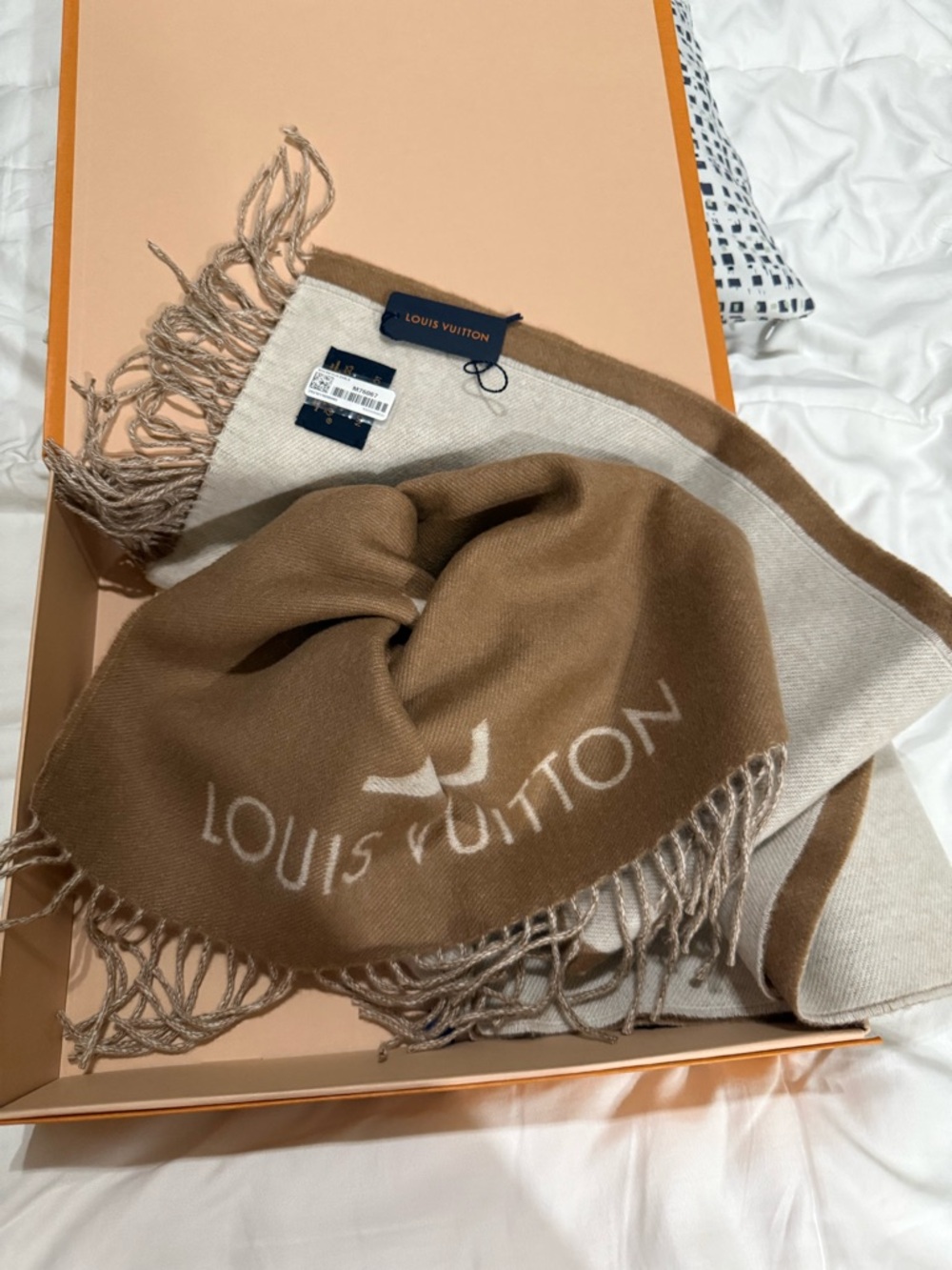 Louis Vuitton Tan and Cream Logo Fringe Scarf